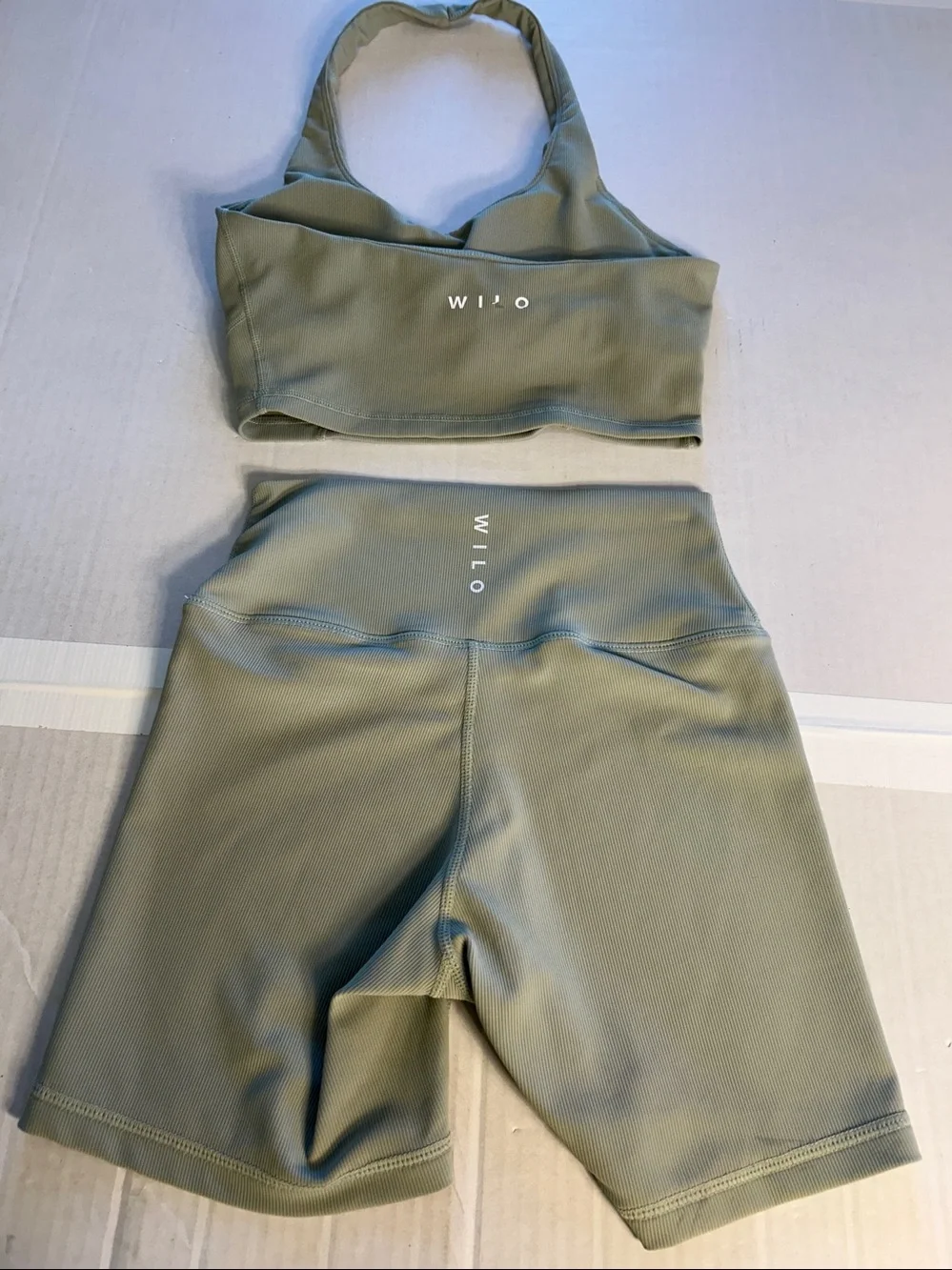Wilo Ribbed Halter Sport Bra  High Waist Shorts Sage Green Workout Set. Sz XS